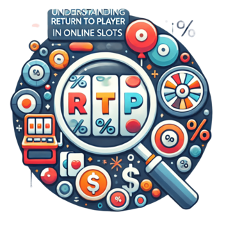 Featured image for blog post on Understanding Return to Player (RTP) in Online Slots, showcasing a slot machine icon, money symbols, a percentage sign representing RTP, and a magnifying glass on a white circular background.