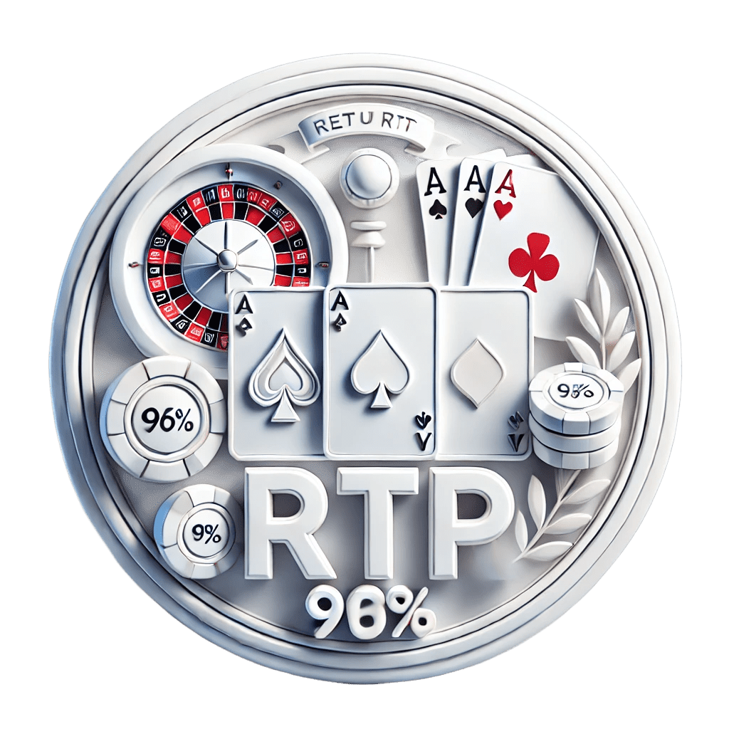 Stylized circular image for a blog post about RTP in casinos, featuring a slot machine, roulette wheel, and poker cards with 'AA' symbols, along with a '96%' symbol representing Return to Player (RTP) on a white background.