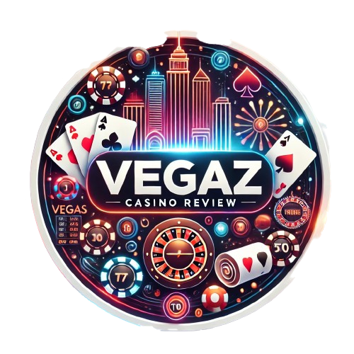 Modern and vibrant image on a circular white background representing Vegaz Casino, featuring a neon-style cityscape with bright lights, playing cards, poker chips, a roulette wheel, and a slot machine with a jackpot symbol. The text reads 'Vegaz Casino Review' in a bold and elegant font.